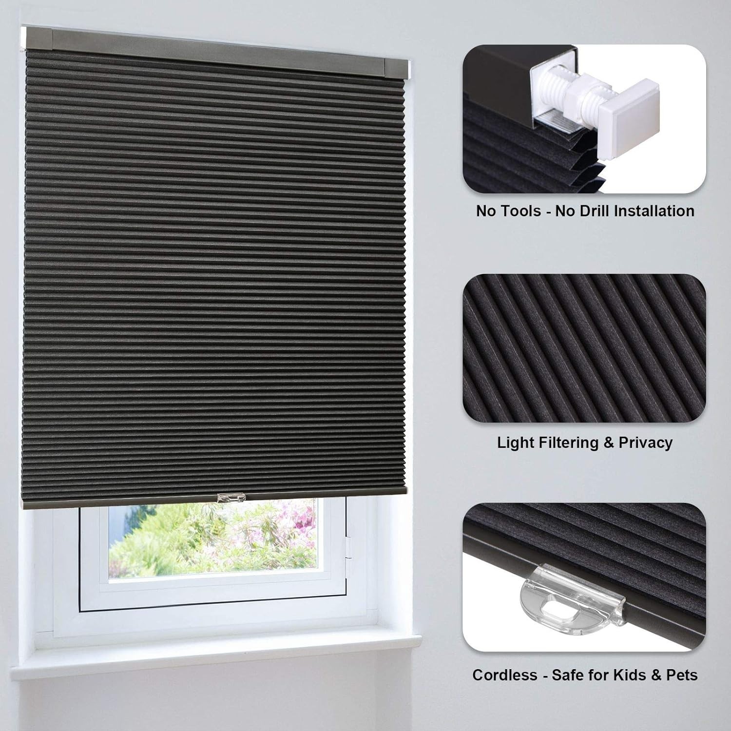 LazBlinds Cordless Cellular Shades, No Tools No Drill Blackout Honeycomb Shades
