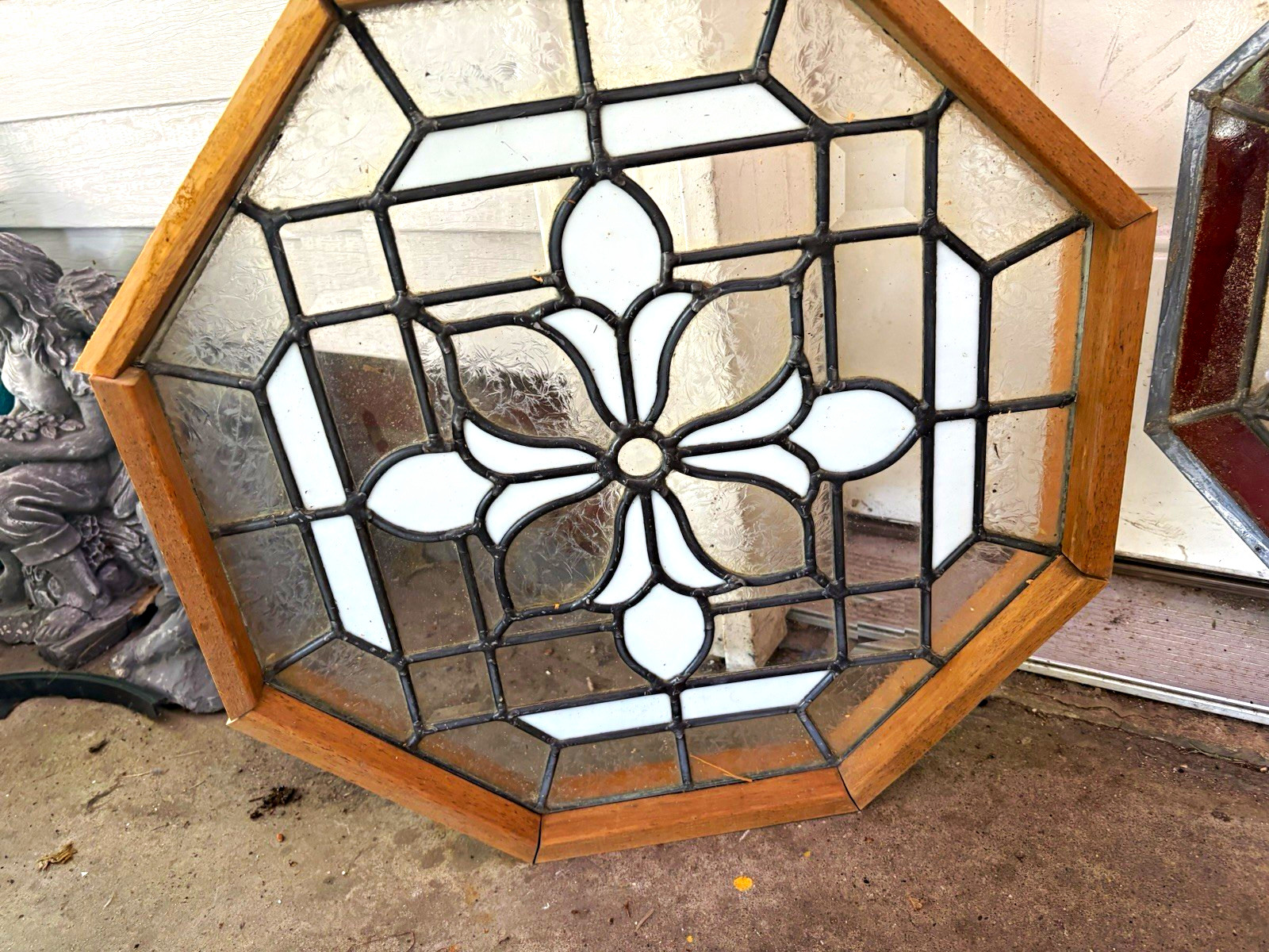Octagon Stained Glass Panel Floral Design Wood Frame. Antique. 20×20.