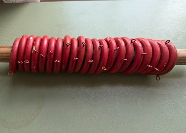 21 Large Vintage Red Wooden Curtain Drapery Hanging Rod Rings w/Eye Screw