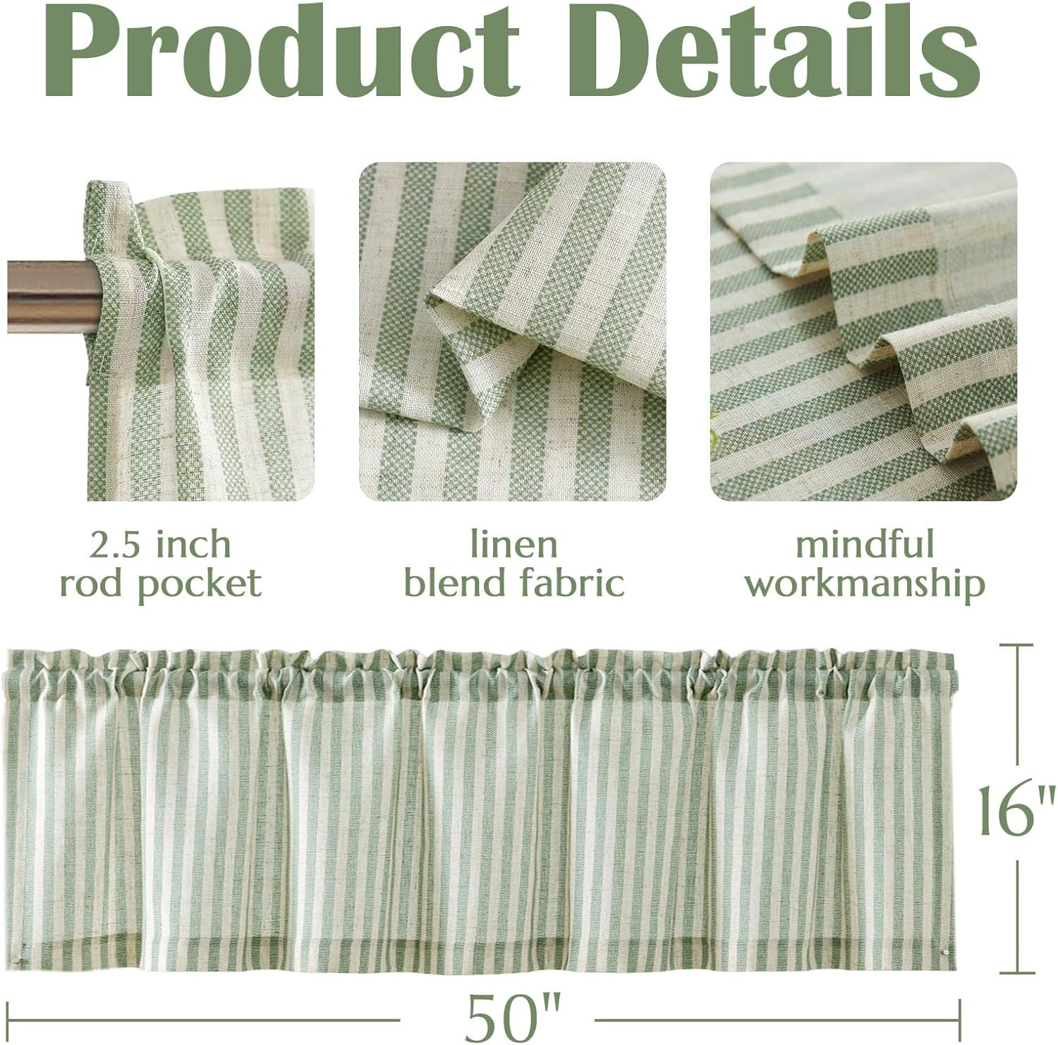 Linen Boxter Stripe Valances for Window 16 Inch,Sage Green,1 Panel | Light Filte