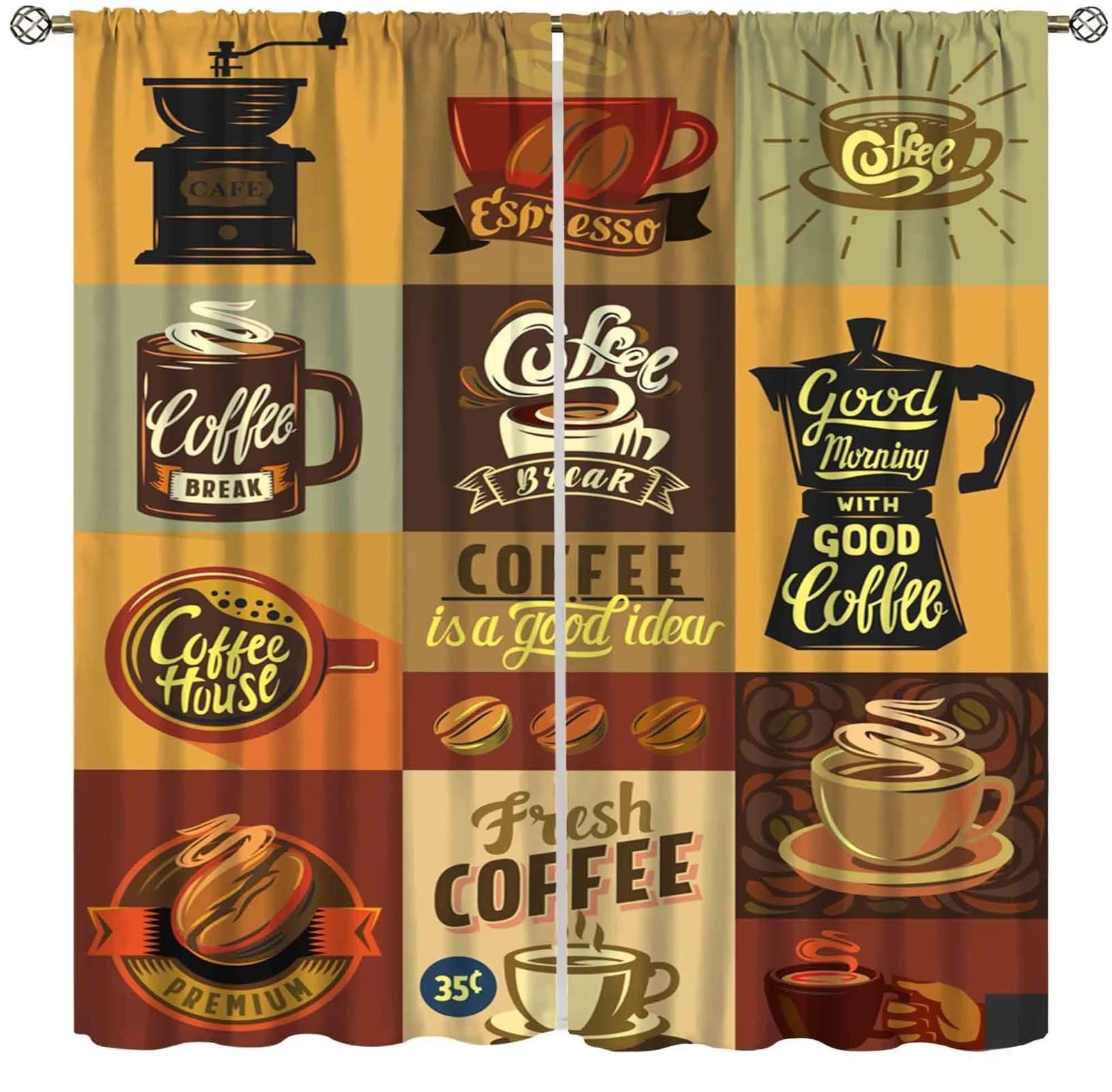 Vintage Coffee Theme Kitchen Cafe Curtains – 2 Panels, 42 x 45 Inch, Room Dar…