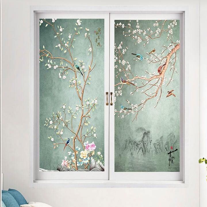 Frosted Stained Privacy Window Films Static Glass Sticker Flower Bird Pattern