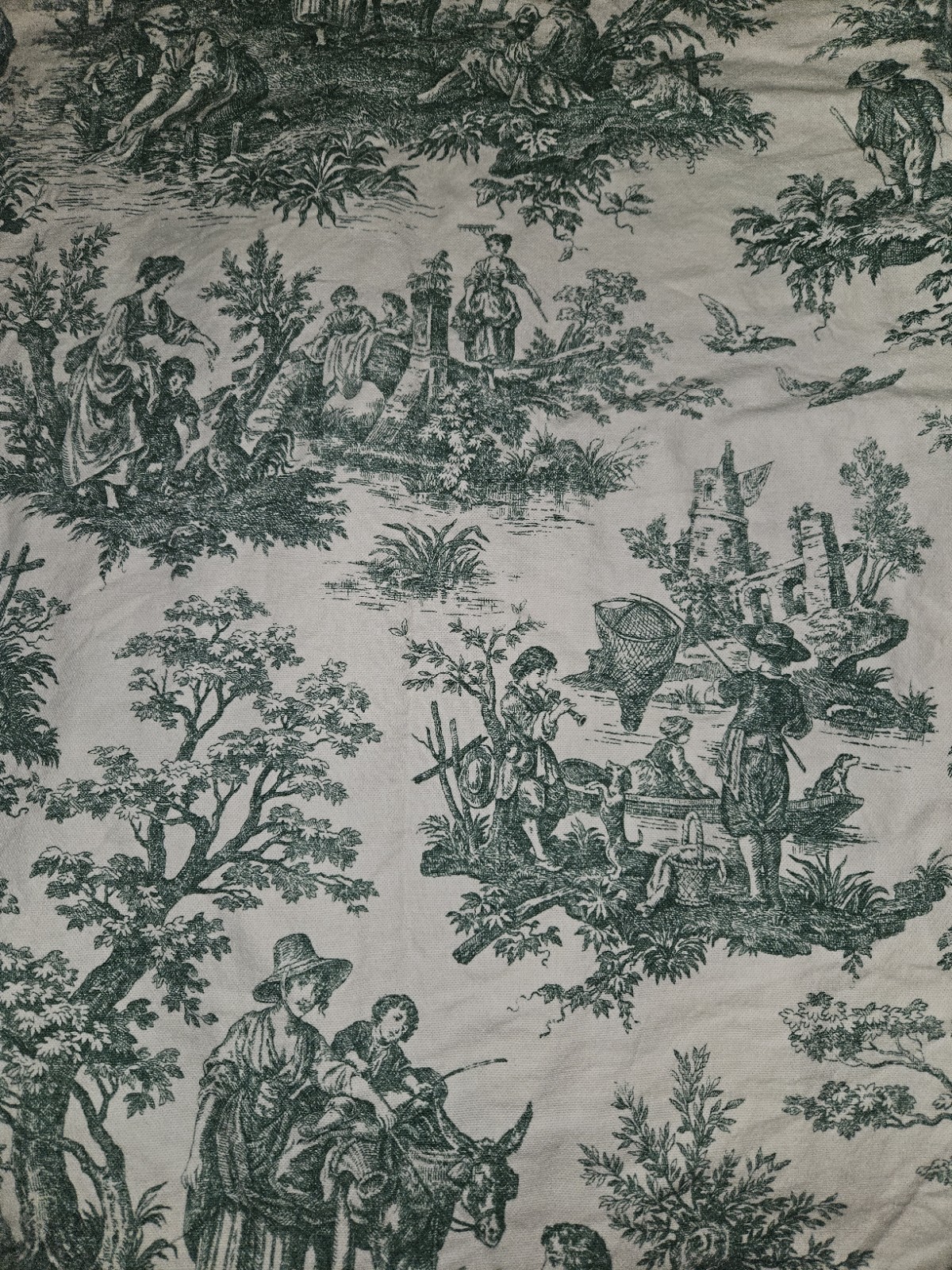 Lot Of 3 Handmade Green French Pastoral Toile Tab Top Curtains Unlined 52″X 60″