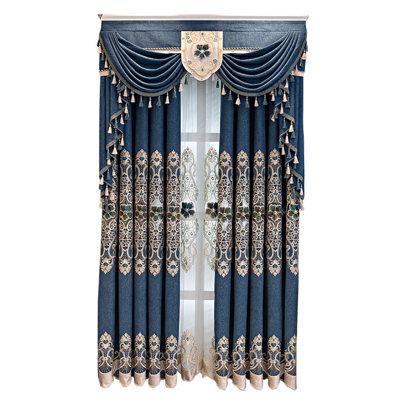 High-grade embroidery blue chenille cloth curtain tulle valance drape C1479