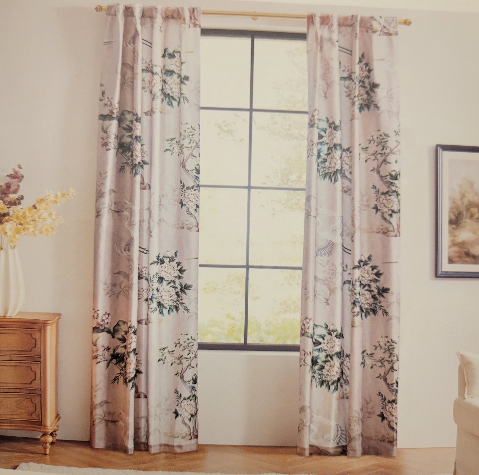 Callisto Home Heron Bird Window Curtains Panels 38 X 96 Pair Drapes Blush Scroll