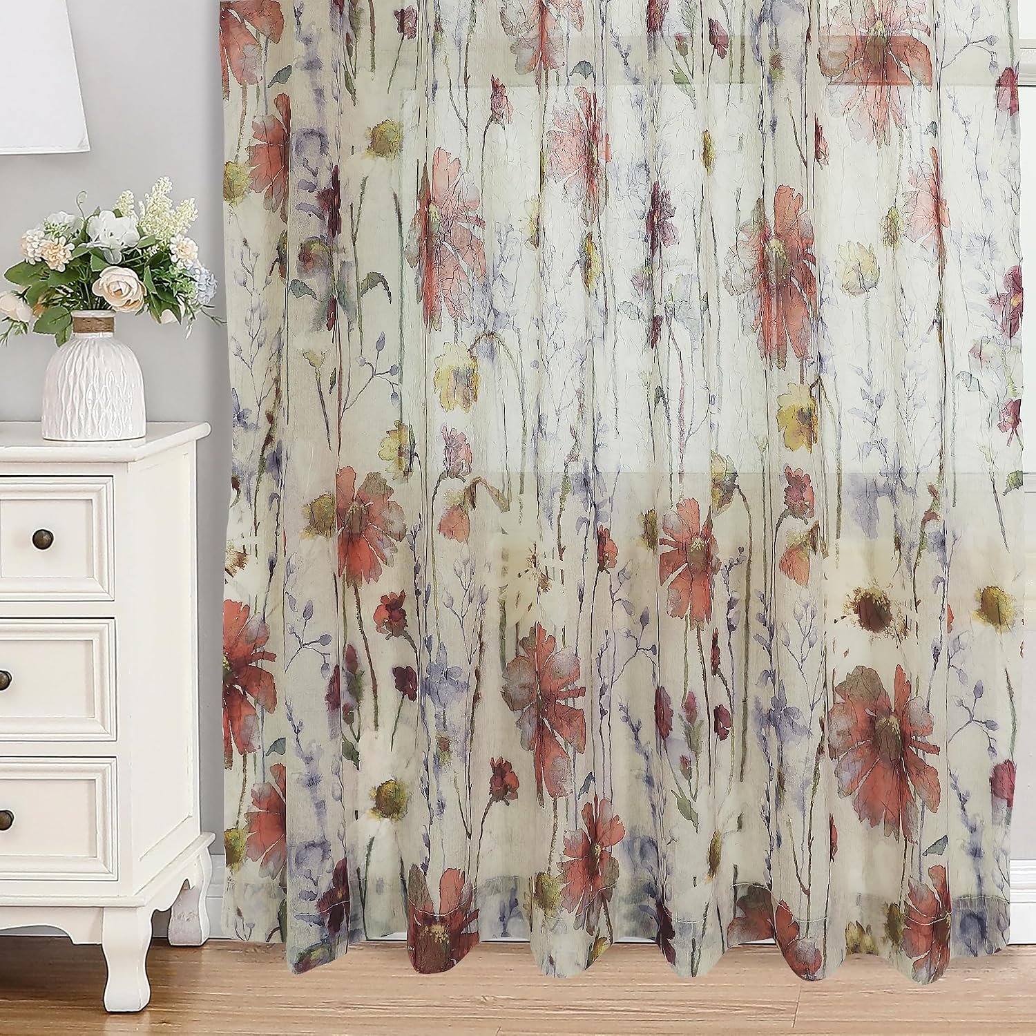 Multi Color Crushed Velvet Sheer Floral Curtain Panels 42×63 Inches 2 Pack