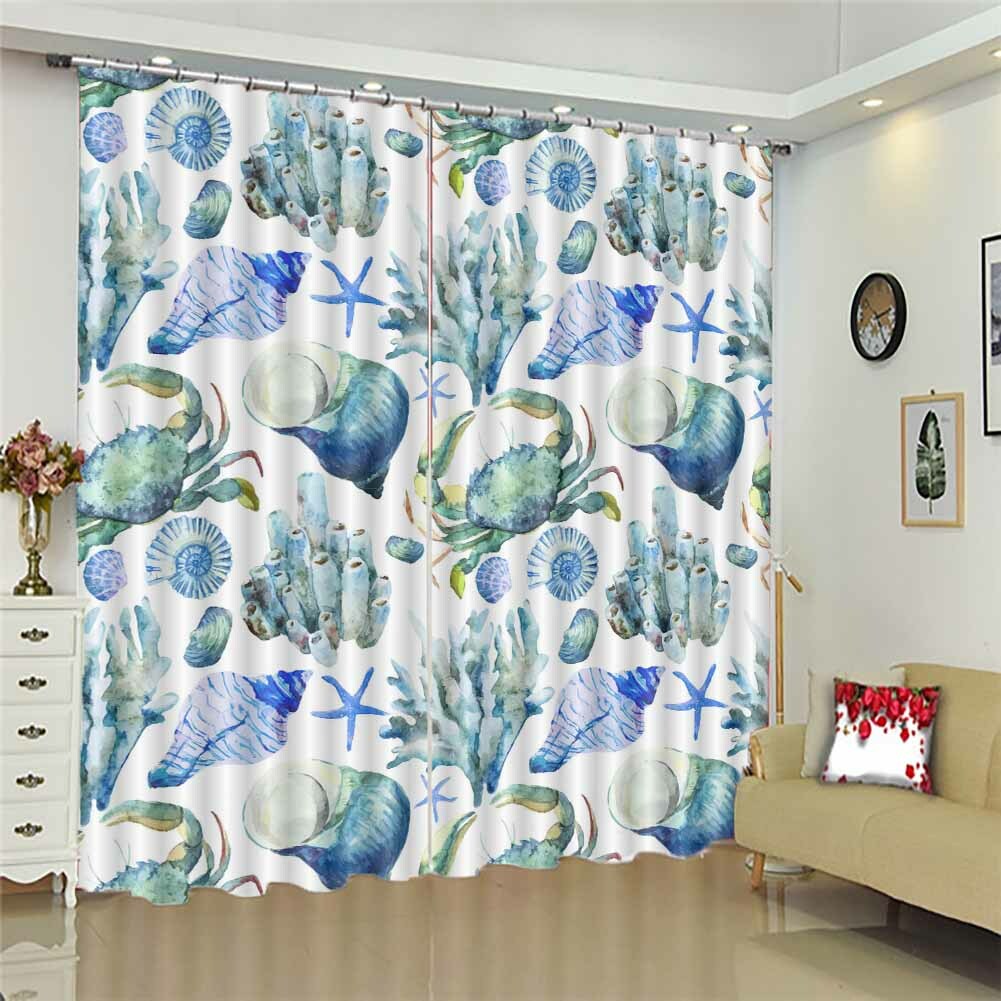 Blue Conch Fishing Net 3D Curtain Blockout Photo Printing Curtains Drape Fabric