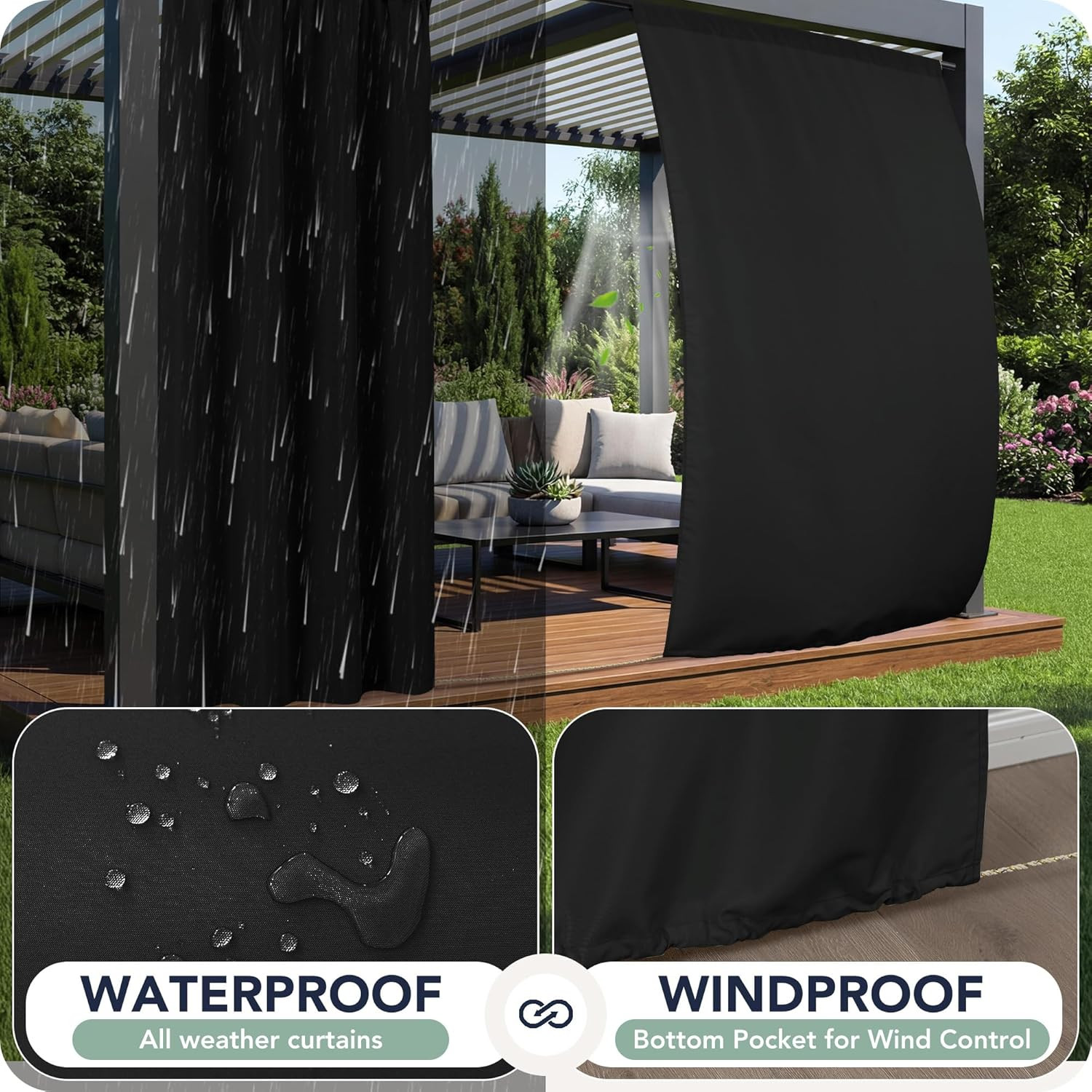 Black Outdoor Curtains for Patio Waterproof – 8 Panels Weatherproof Privacy outs