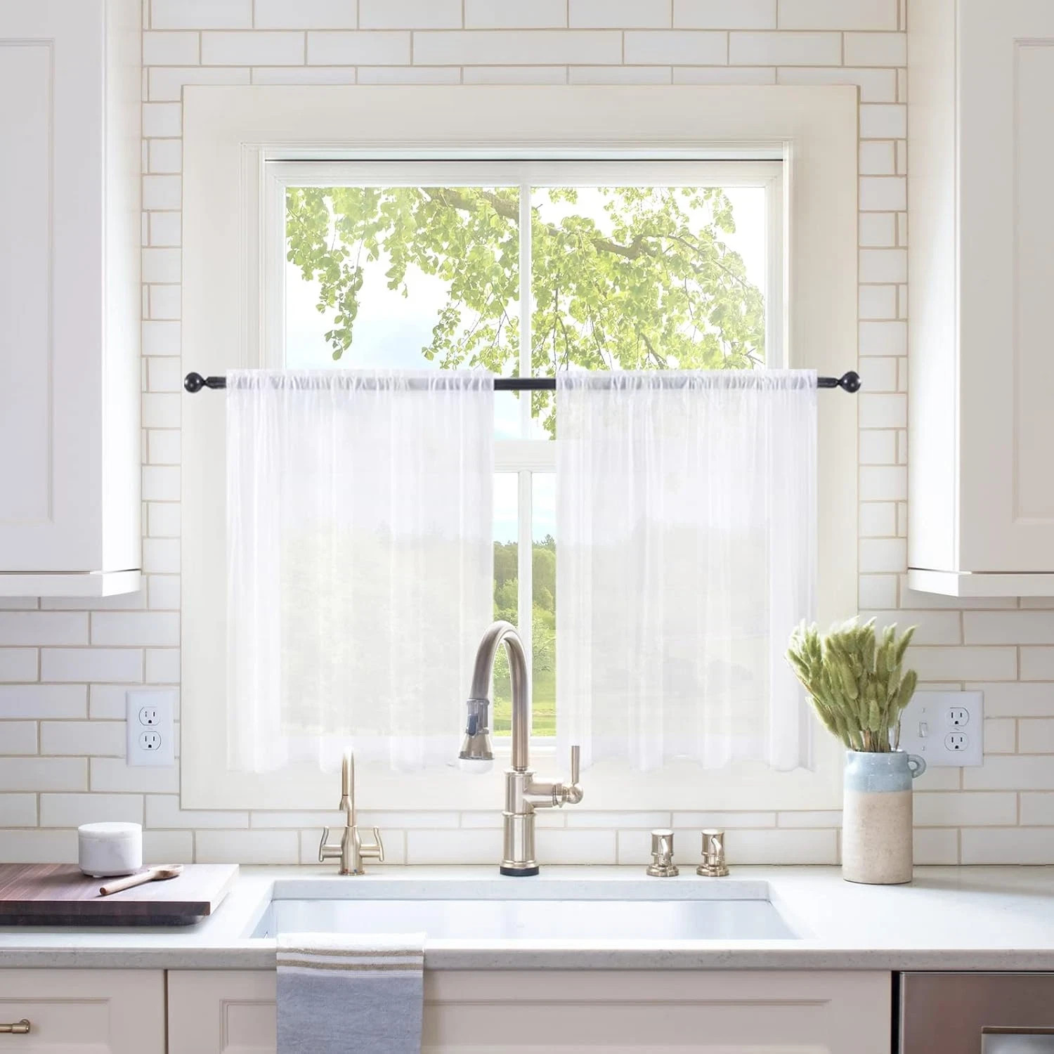 Short Sheer Curtains 30 Inch Length for Kitchen 29″W x 30″L (Pack of 2) White
