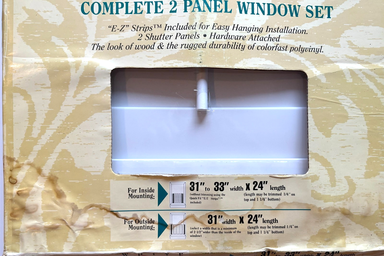 White Vinyl Interior Plantation Window Shutters 31″ to 33″ w x 24″ H. Cafe Style