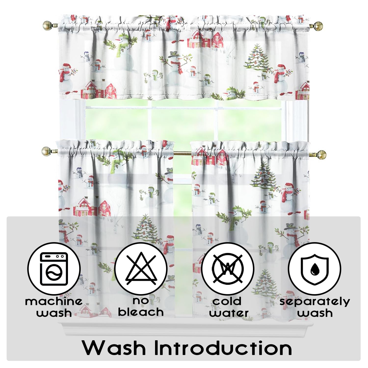 Winter Kitchen Curtains Valances 3 Piece Set, Christmas Snowman Xmas Tree Rod…