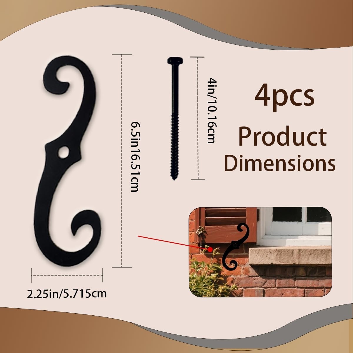 4 Pcs Black S Shaped Shutter Fasteners, 6.5″ Decorative Hardware for Outdoor Shu