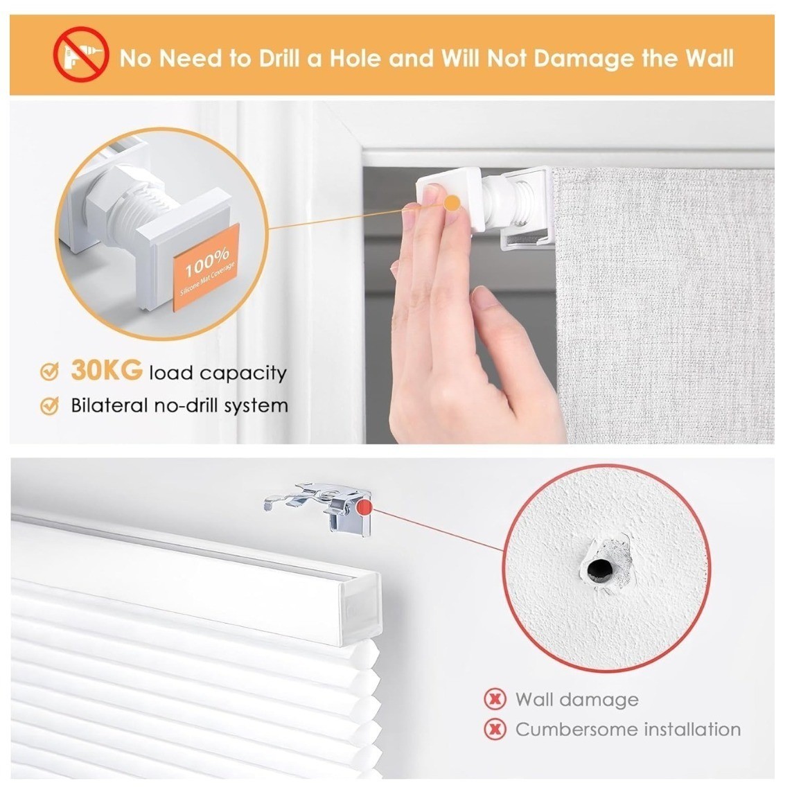 LazBlinds Cordless Cellular Shades, No Tools No Drill Blackout, 23″ W x 64″ H