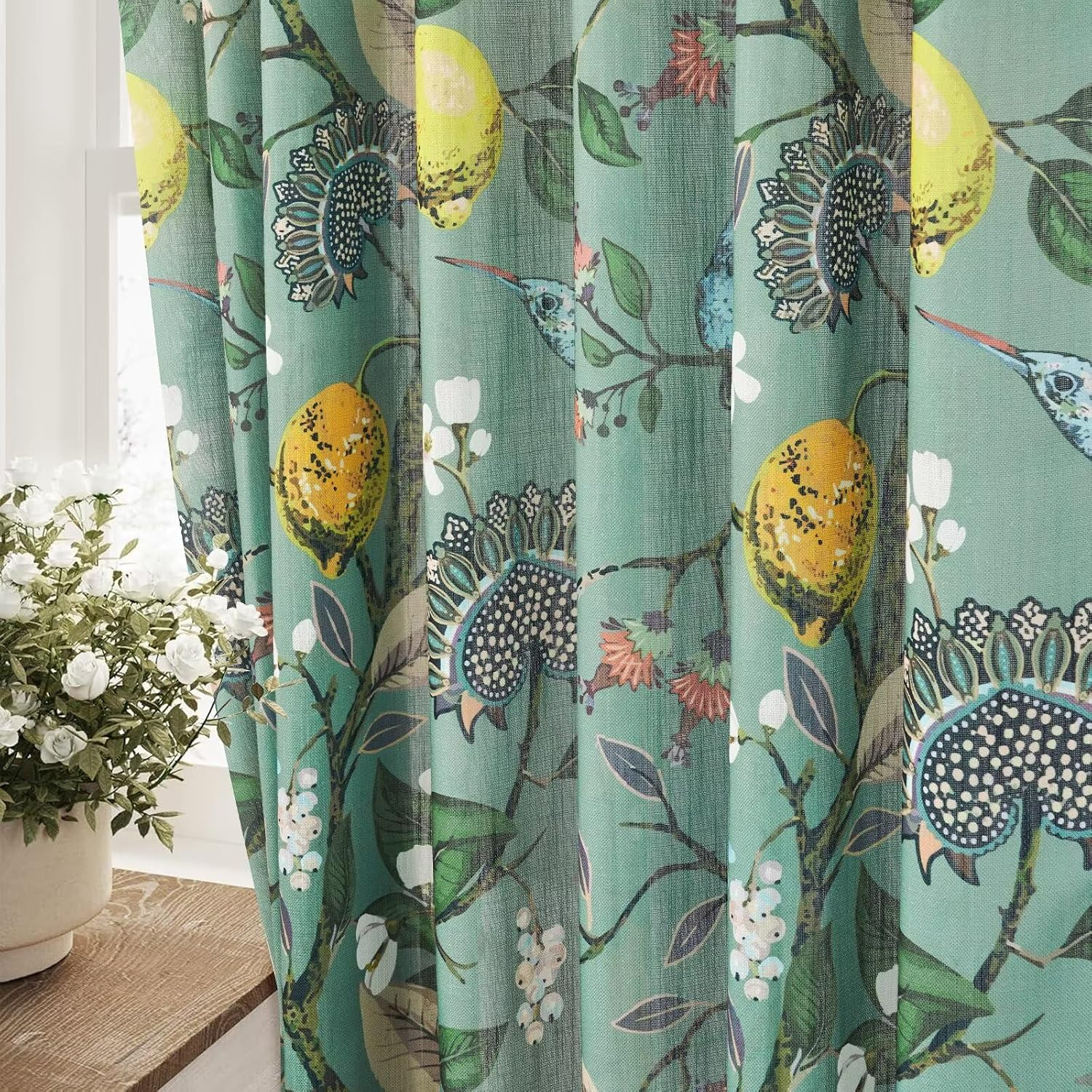 Sage Green Floral Semi Sheer Curtains 84 Inch 2 Panel Linen Look Pinch Pleat