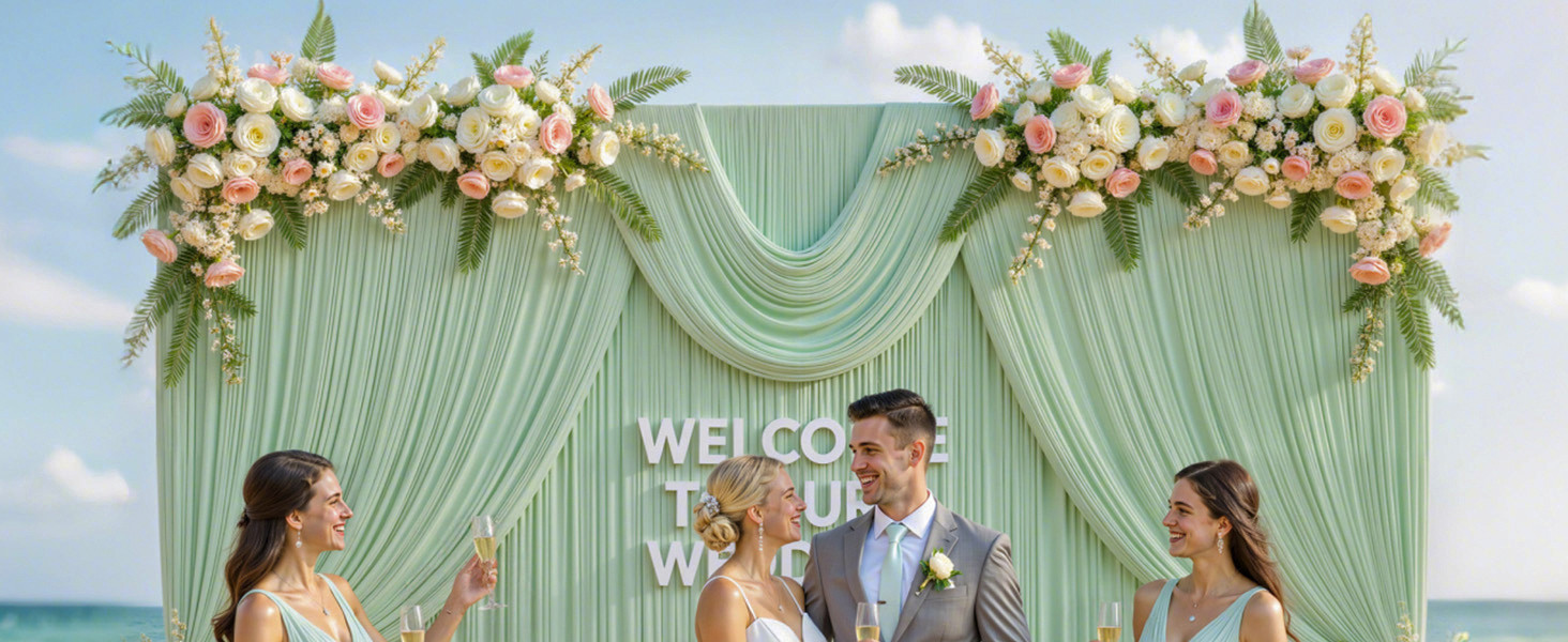 8 Panels Sage Green Backdrop Curtain for Wedding Baby Shower Wrinkle 40ft x 10ft