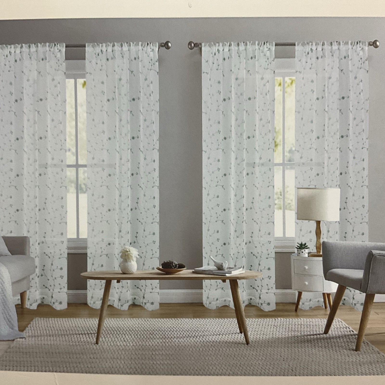 4 Laura Ashley Window Panel Curtains VERNON Embroider Sage Green Sheer 38 x 96”
