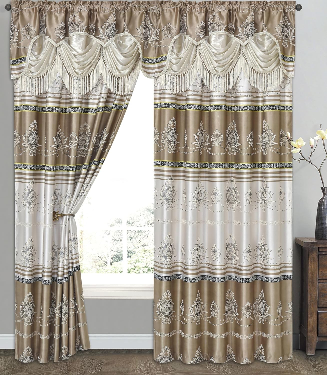 Harmony Horizon. Jacquard Window Curtain Panel Drape with Attached Fancy