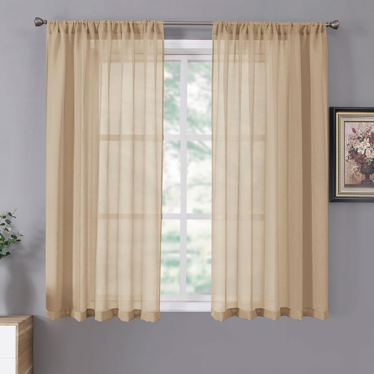 Short Sheer Curtain Linen Textured Bedroom Curtains Sheer Light Filtering Rod Po