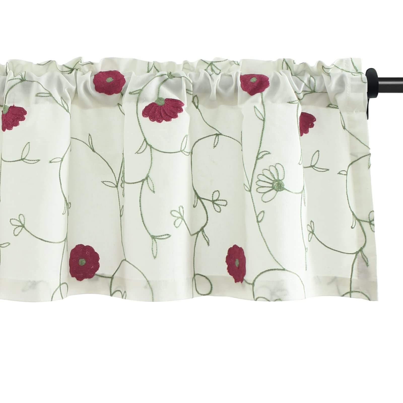 Red Floral Embroidered Kitchen Valance, 52 x 14 Inches