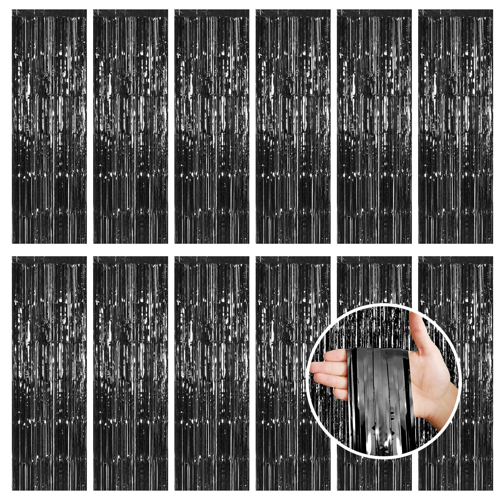 Black Fringe Curtain Party Streamers 12 Pack 3.3ft x 8.2ft Foil Curtain Backd…