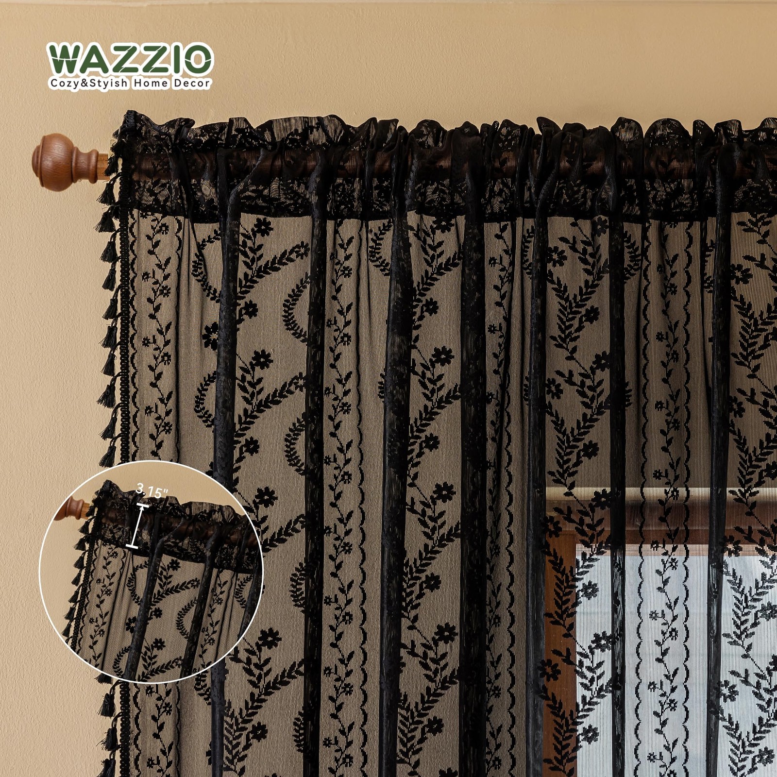 Boho Lace Curtains 63 Inch -Vintage Victorian Sheer Panel Drape Floral Patter…