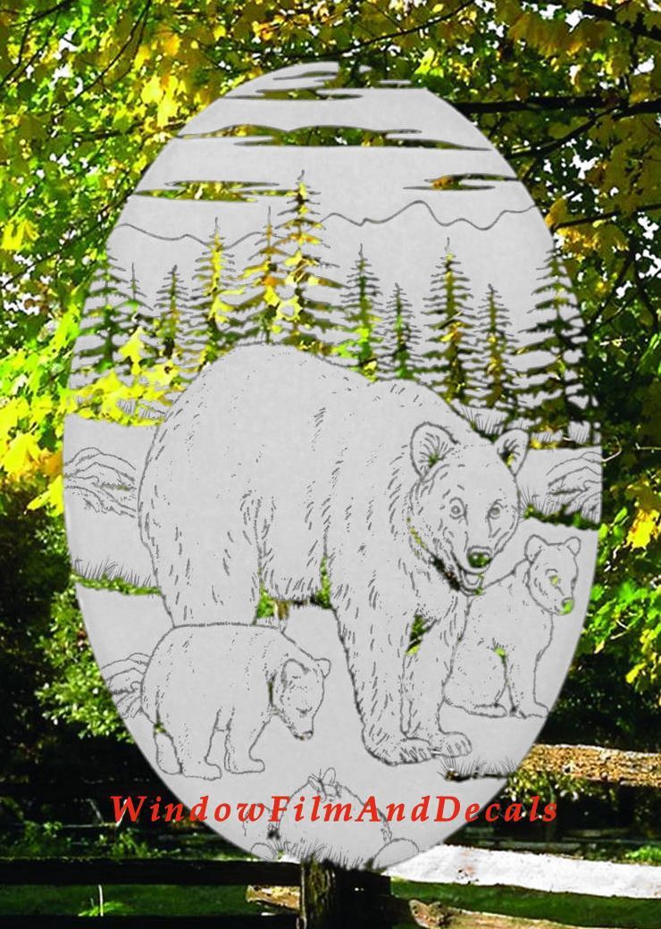 Bears Static Cling Window Decal 10×16 OVAL Etched Glass Look Country Door Decor