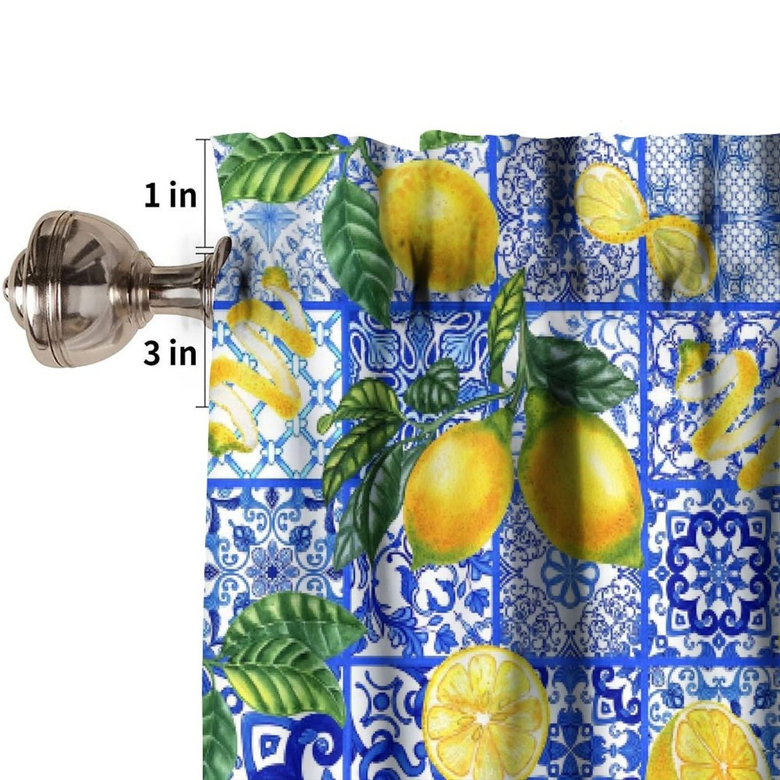 Lemon Valances Curtain, Curlicue Leaves Blue Majolica Tiles Yellow Lemons Win…