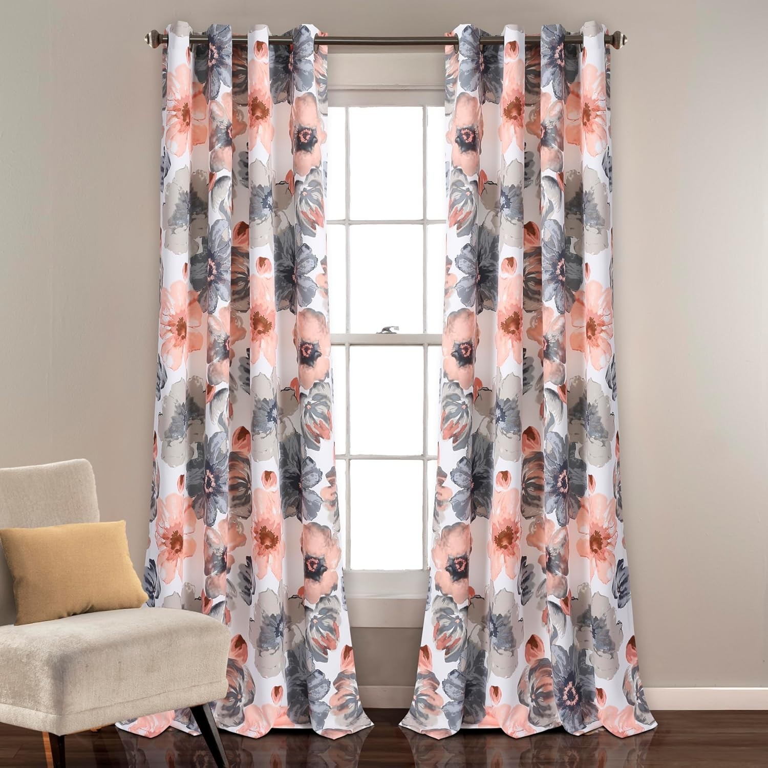 Leah Light Filtering Window Curtain Panels, Pair, 52″ W x 84″ L, Coral & Gray…