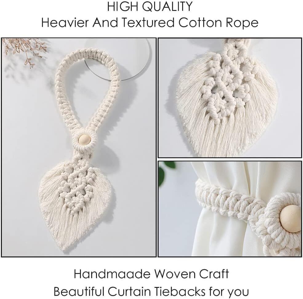 2Pcs Macrame Hand Woven Leaf Tassel Curtain Tie Backs Rope Holdbacks Boho Decor
