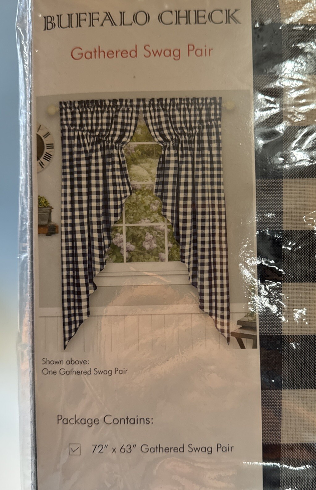 Buffalo Check Gathered Swag Window Curtain Pair, 72×63 Inches