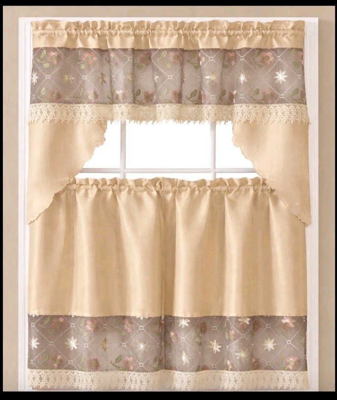 3pc Embroidery Kitchen Curtain “Beige Flower” New FREE SHIPPING