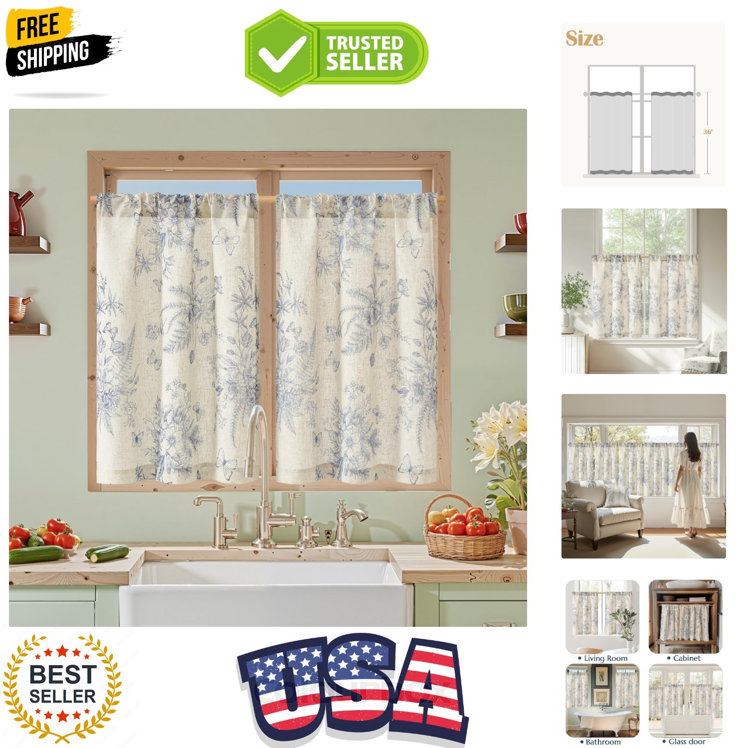 Half Window Curtains Small Drapes for Kitchen 36 Inch Rustic Floral Tier Curt…