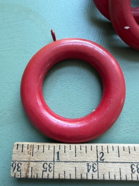 21 Large Vintage Red Wooden Curtain Drapery Hanging Rod Rings w/Eye Screw