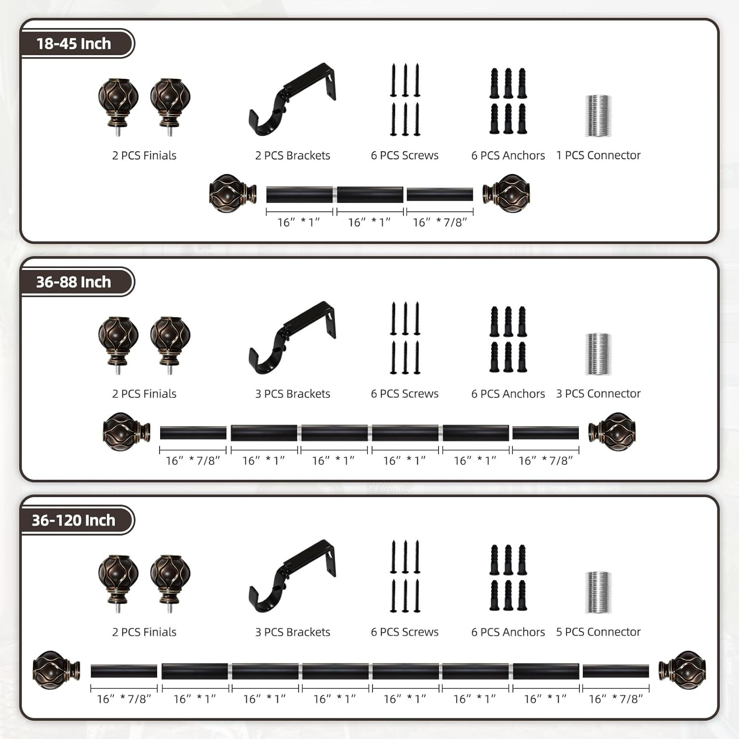 Bronze Curtain Rod for Windows 66 to 120 Inches(5.5-10Ft), 1″ Diameter Heavy-Dut