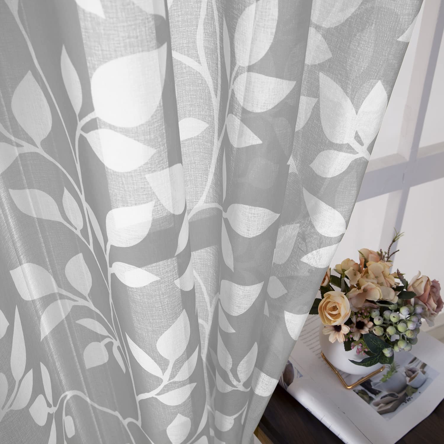 XTMYI 48 Inch Semi Sheer Short Curtains for Windows, Leaf Pattern Grommet Dra…
