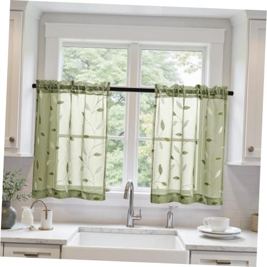 Sheer Kitchen Curtains 30×36 Inches Leaf 30″W x 36″L (Pack of 2) Sage Green