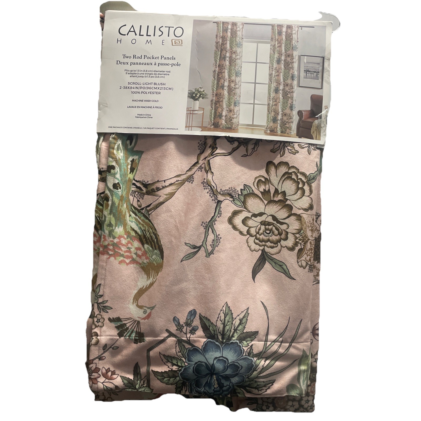 Callisto Home Peacock Bird Floral Curtains 2pc Window Panels Drapes New 38 x 84”