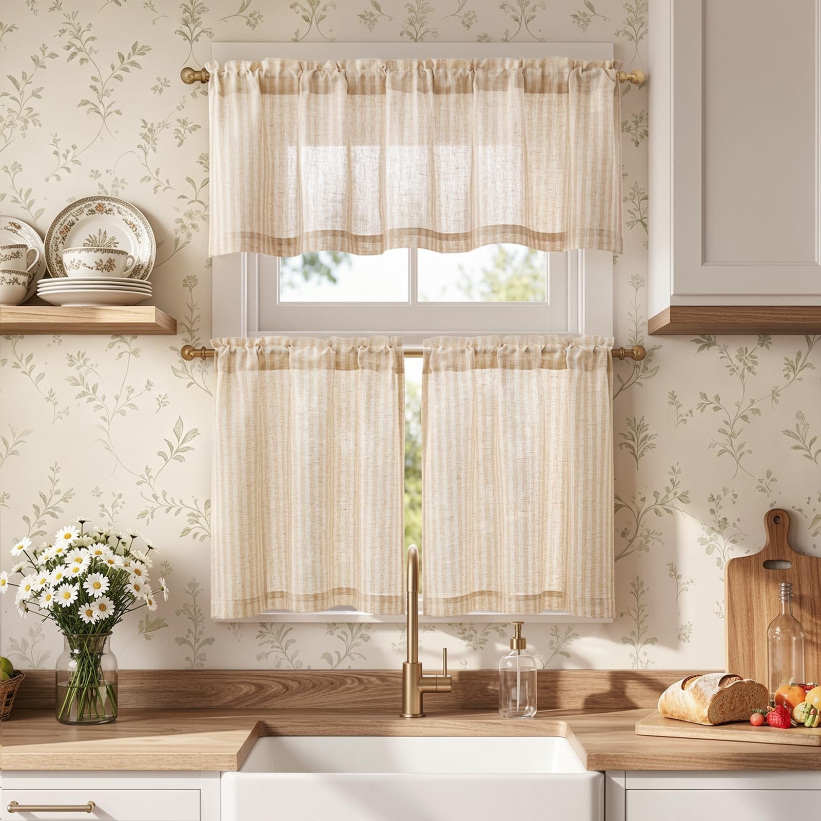 Striped Tier Curtains Set – Ticking Stripe Linen Cafe Curtains 24″ for Kitchen &