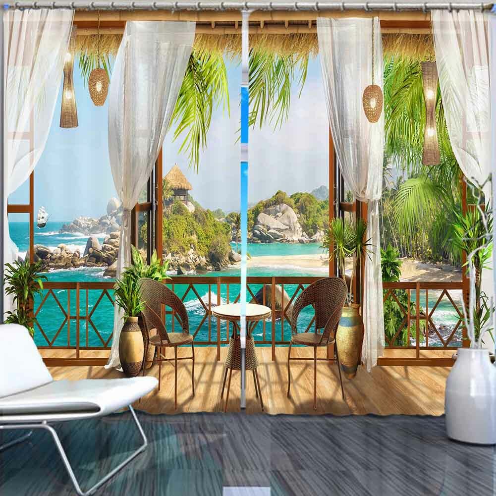 Blue Beach Pavilion 3D Curtain Blockout Photo Printing Curtains Drape Fabric