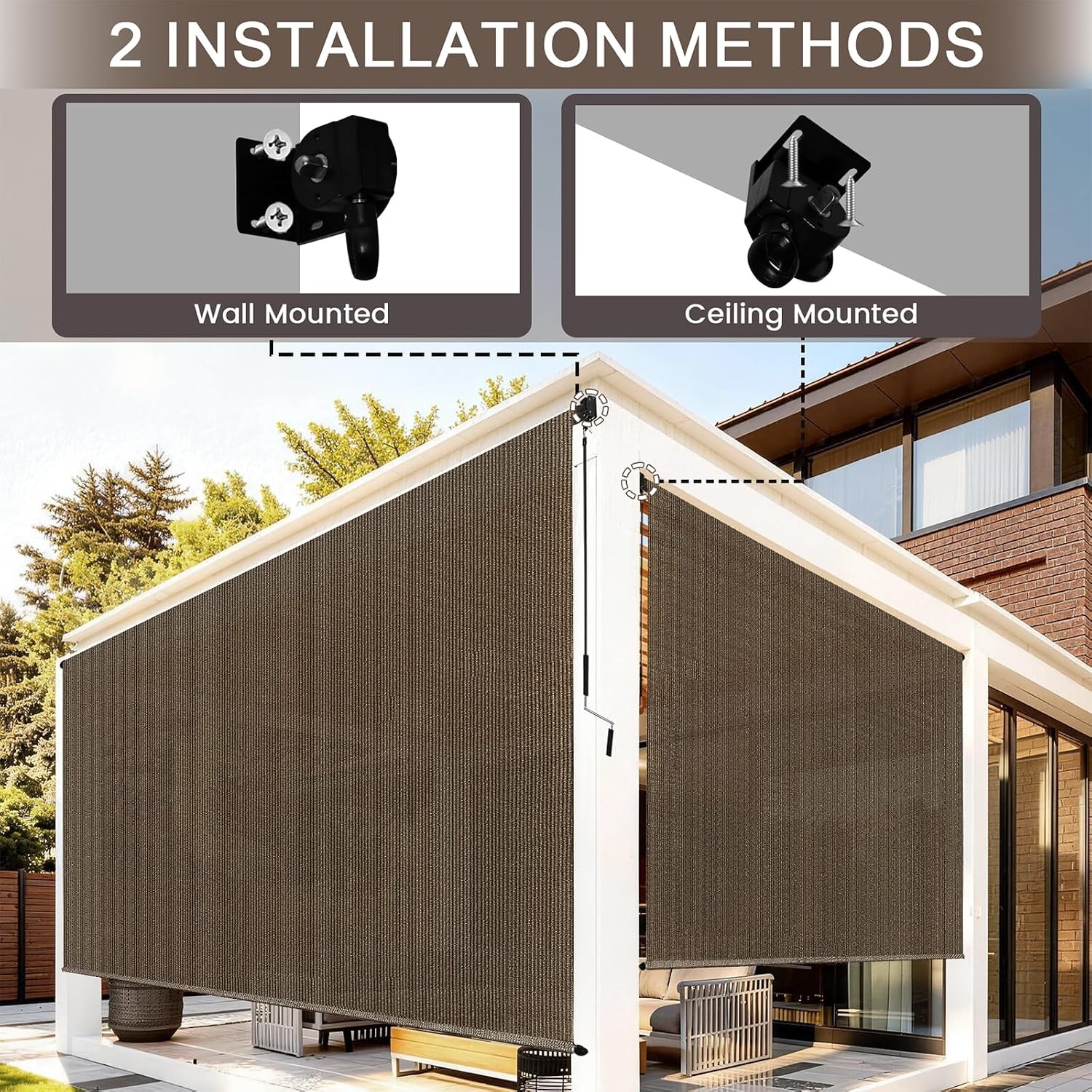 Outdoor Roller Shades for Patio, Mocha 10′ W x 8′ H Cordless Patio Shades Roll