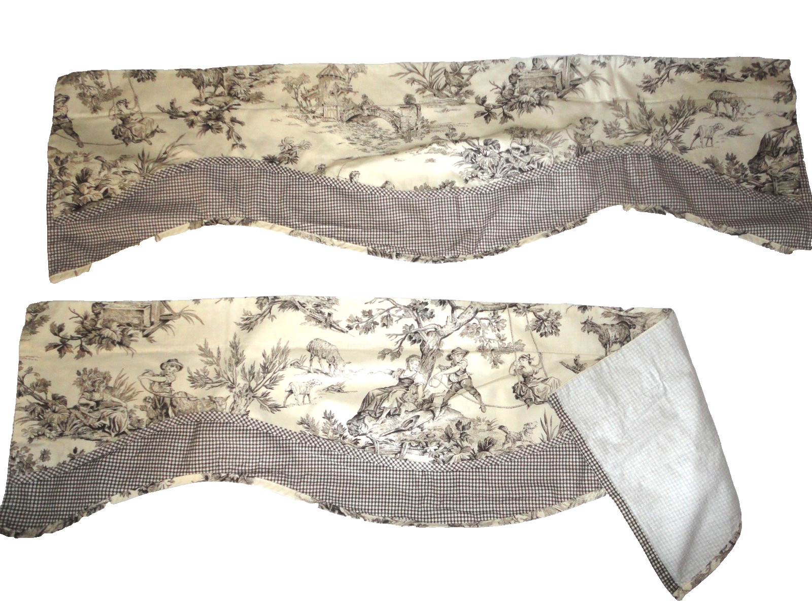WAVERLY COUNTRY TOILE BROWN CREAM GINGHAM SWINGS MULES (2) VALANCES 14X50