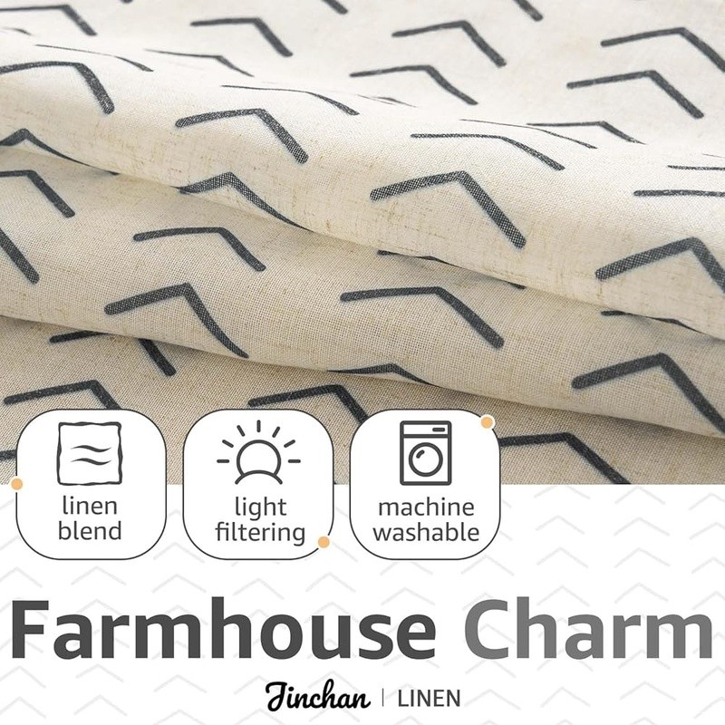 Boho Herringbone Kitchen Curtains Light Filtering Privacy Panels Linen Blend New