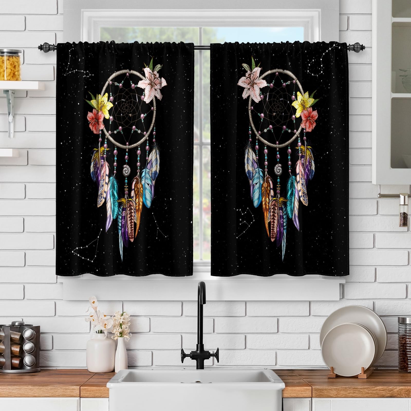 Jekeno Wind Chimes Black Kitchen Curtains, Fantasy Short Curtains for Kitchen…