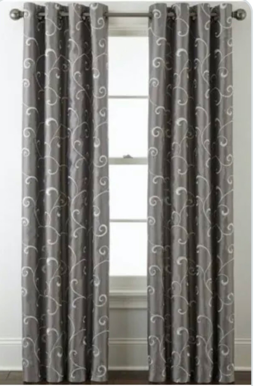 JCP HOME 50” X 95″ PLAZA EMBROIDERY DRAPES GROMET BLACKOUT PANEL GRAY NEW