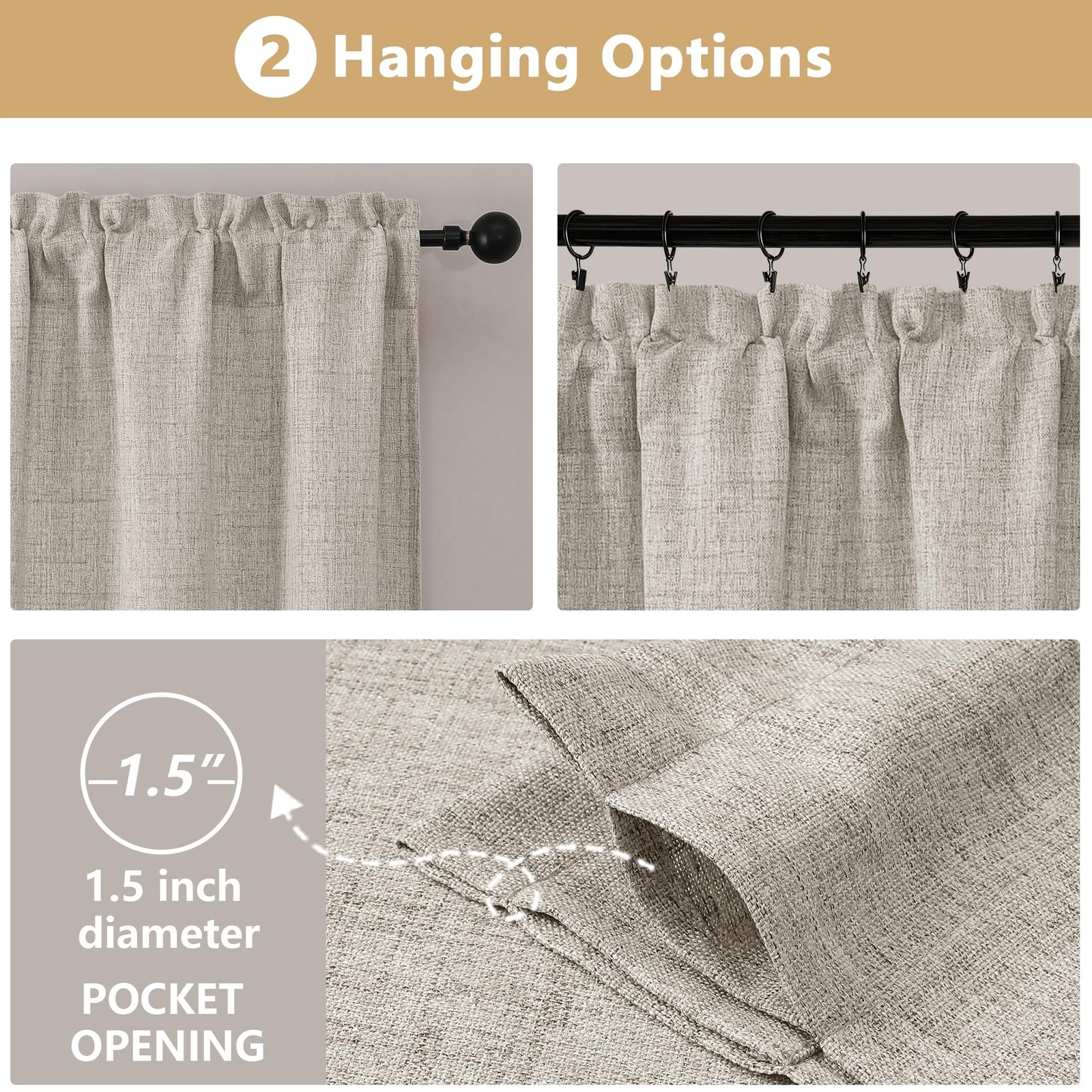 2 Panels Kitchen Curtains 36 Inch Length, Faux Linen Textured Small Cafe Curtain