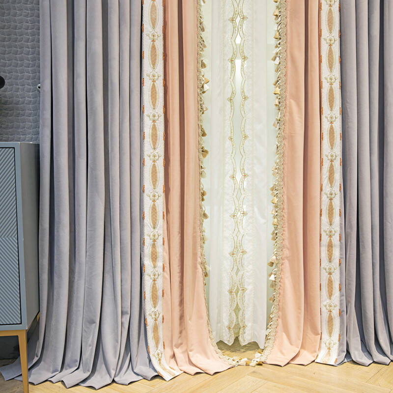 French pink gray patchwork velvet cloth blackout curtain tulle panel drape C1260