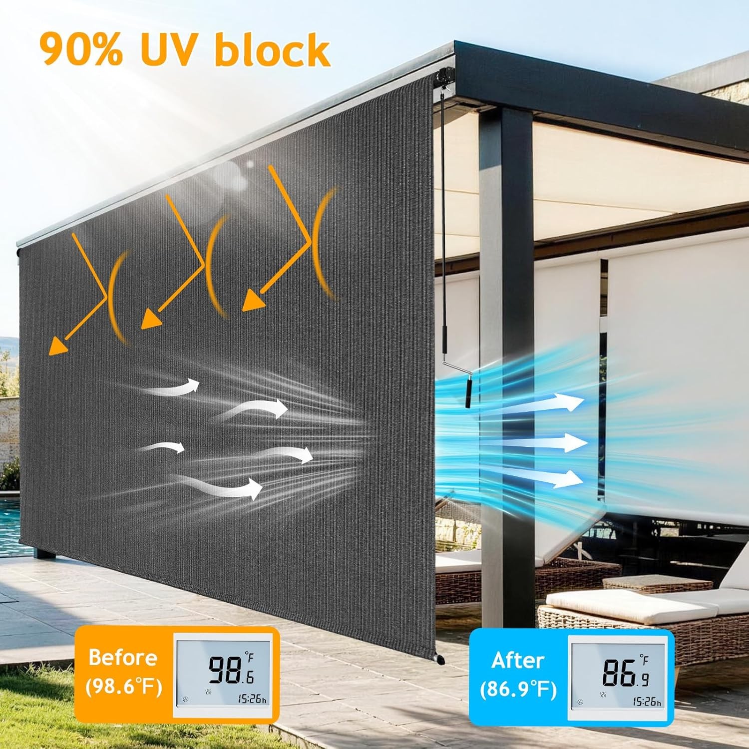 10’W x 8’H Gray Outdoor Roller Shade with Crank Wand Patio Shades Roll up,