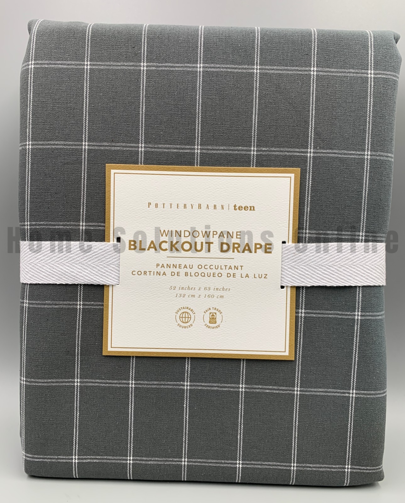 Pottery Barn Teen Windowpane Grid Cotton Blackout Curtain Charcoal 63″ #B4004