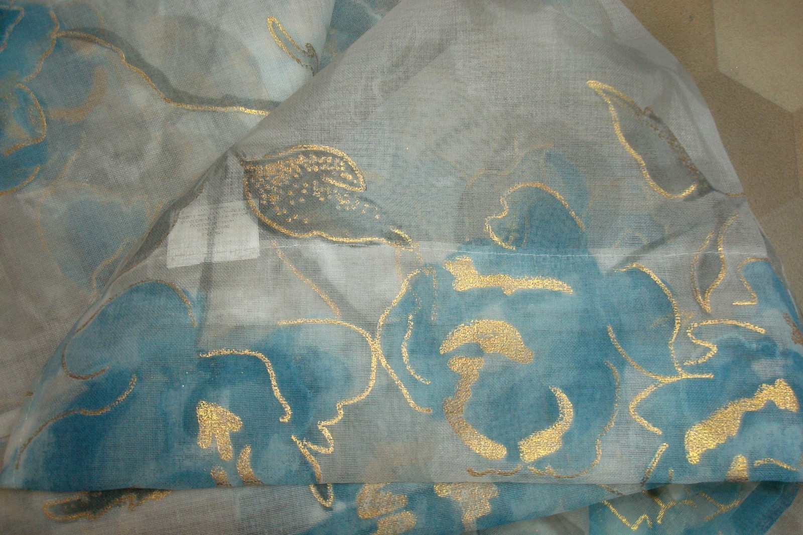 NWT Laura Ashley 4 pc Curtains Metallic Floral Sheer Aqua Gold each 38 x 96″ lg