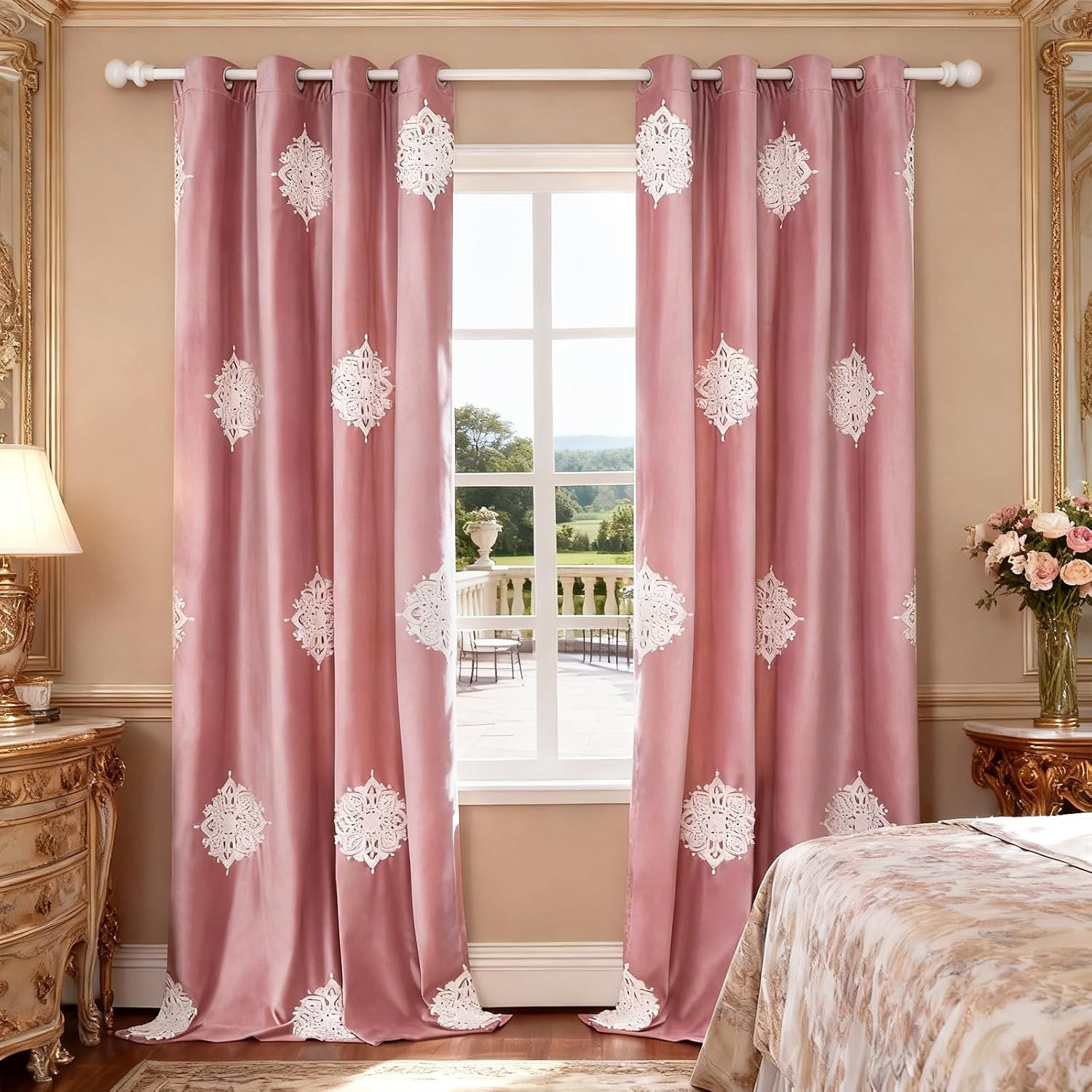Elegant White Floral Velvet Curtains, 96″ Room Darkening Drapes, 2 Panels